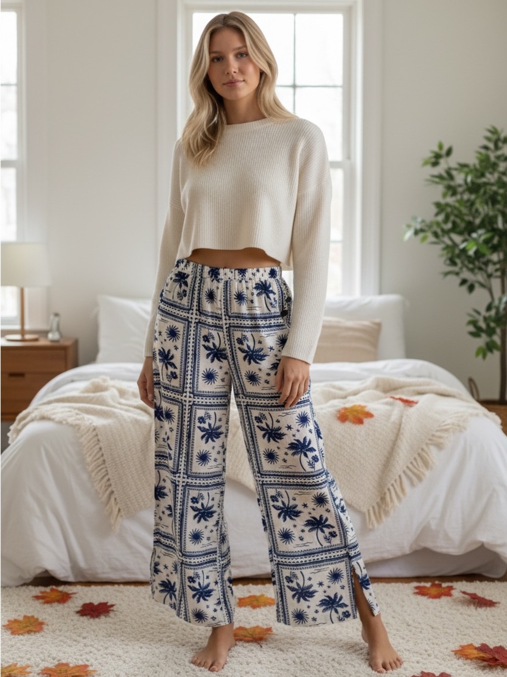 Sonoma Blue & White Wide Leg Linen Blend Pants Sz S NWT